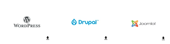 Ikoner af tre forskellige CMS-systemer: Wordpress, Drupal og Joomla!